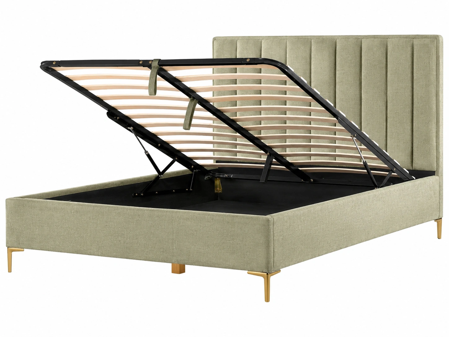Cama elegante tapizada con almacenaje oculto y cabecero vertical acolchado en color verde oliva-Hometrailo