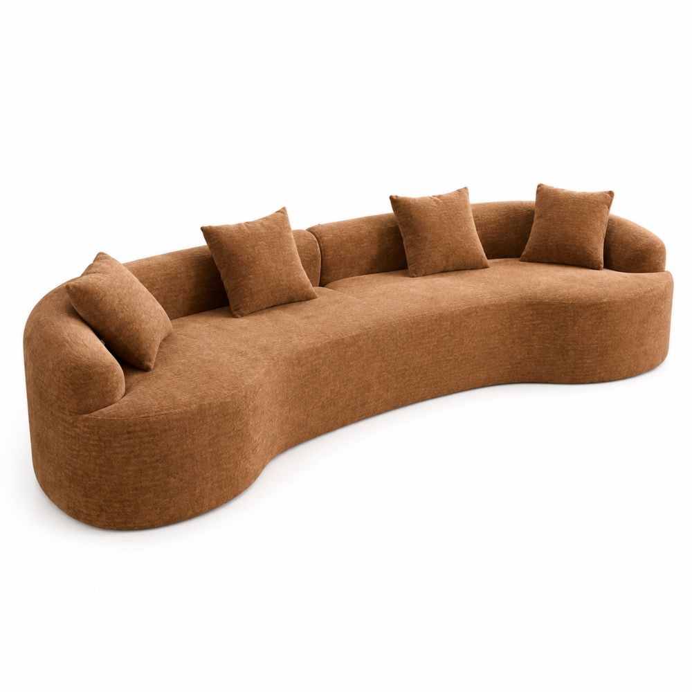 Zakrzywiona sofa z poliestru 300 cm brązowa z poduszkami