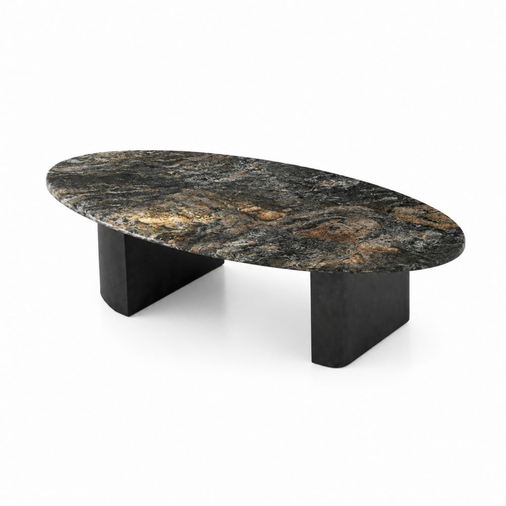Owalny stolik kawowy z granitu i metalu 120cm x 60cm x 35cm