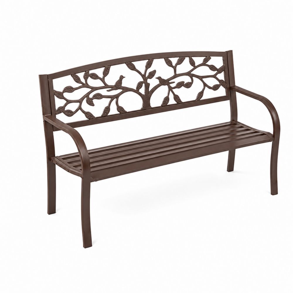 Metalowa ławka ogrodowa z ozdobnym oparciem, brązowa 125 cm