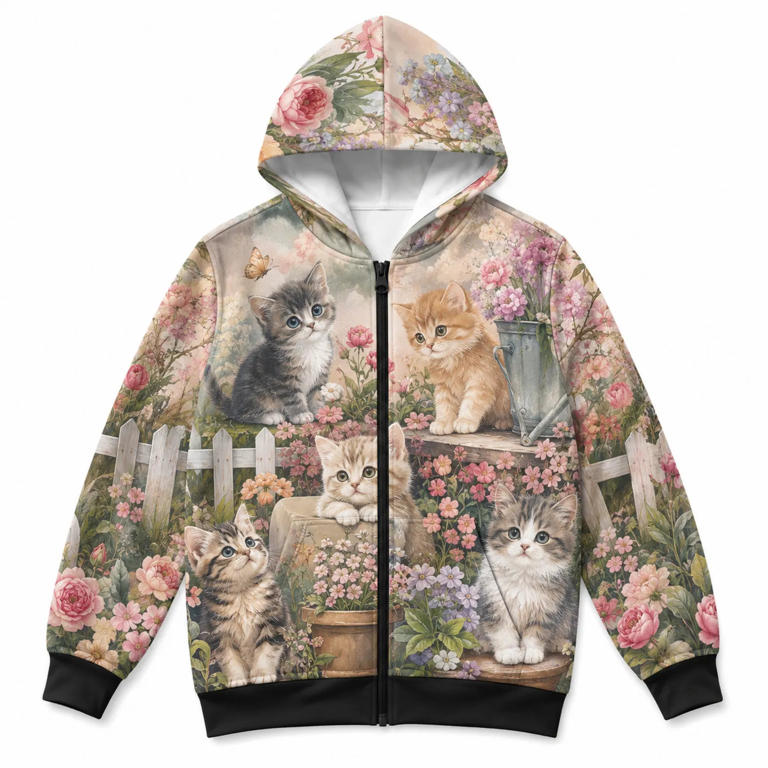 Mädchen Kapuzenjacke mit Katzenmuster Reißverschluss Fleece-Caslidor
