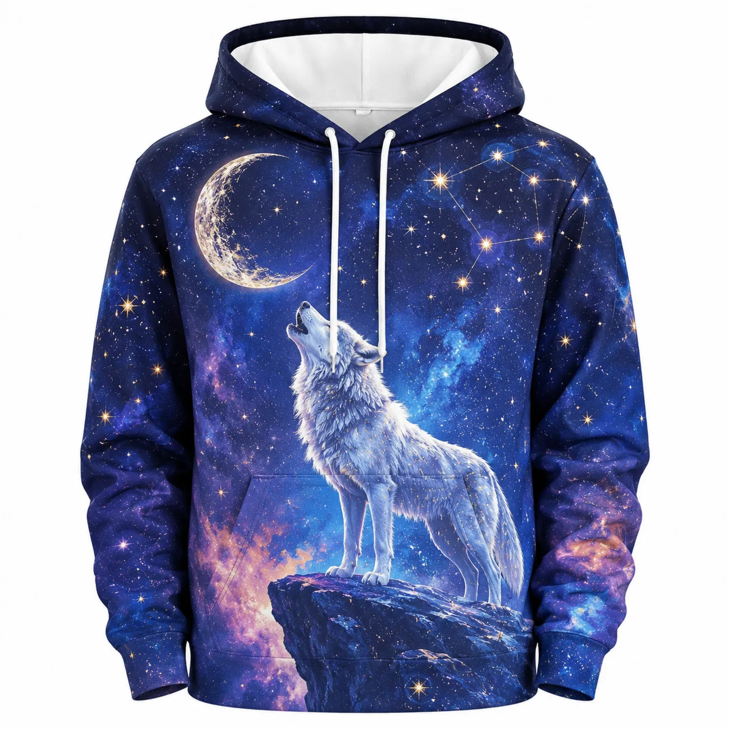 Damen Hoodie mit Wolf-Mond-Print und Kängurutasche-Caslidor