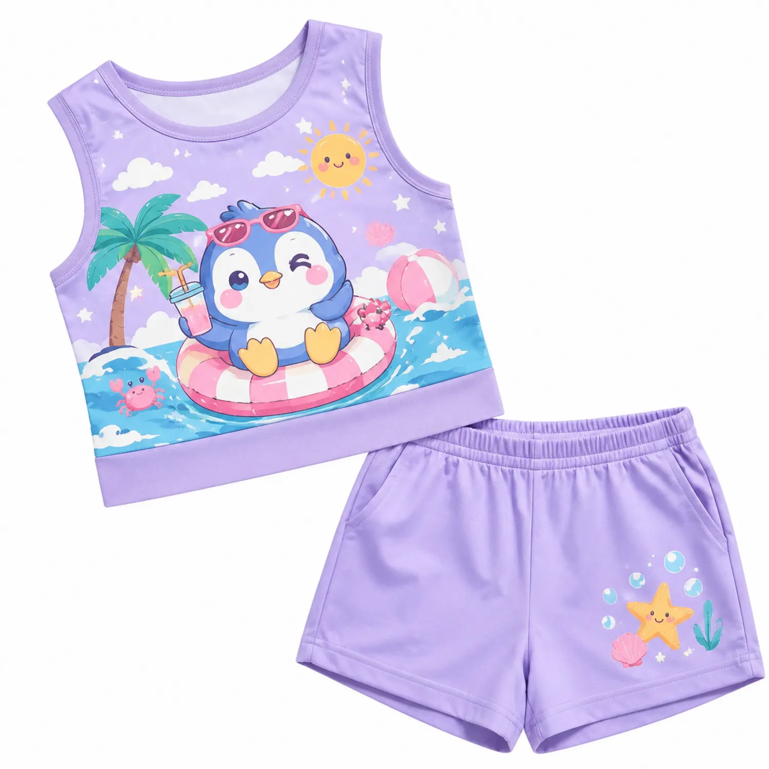 Mädchen Sommer Shorts Set Pinguin Grafik Ärmellos Top-Caslidor