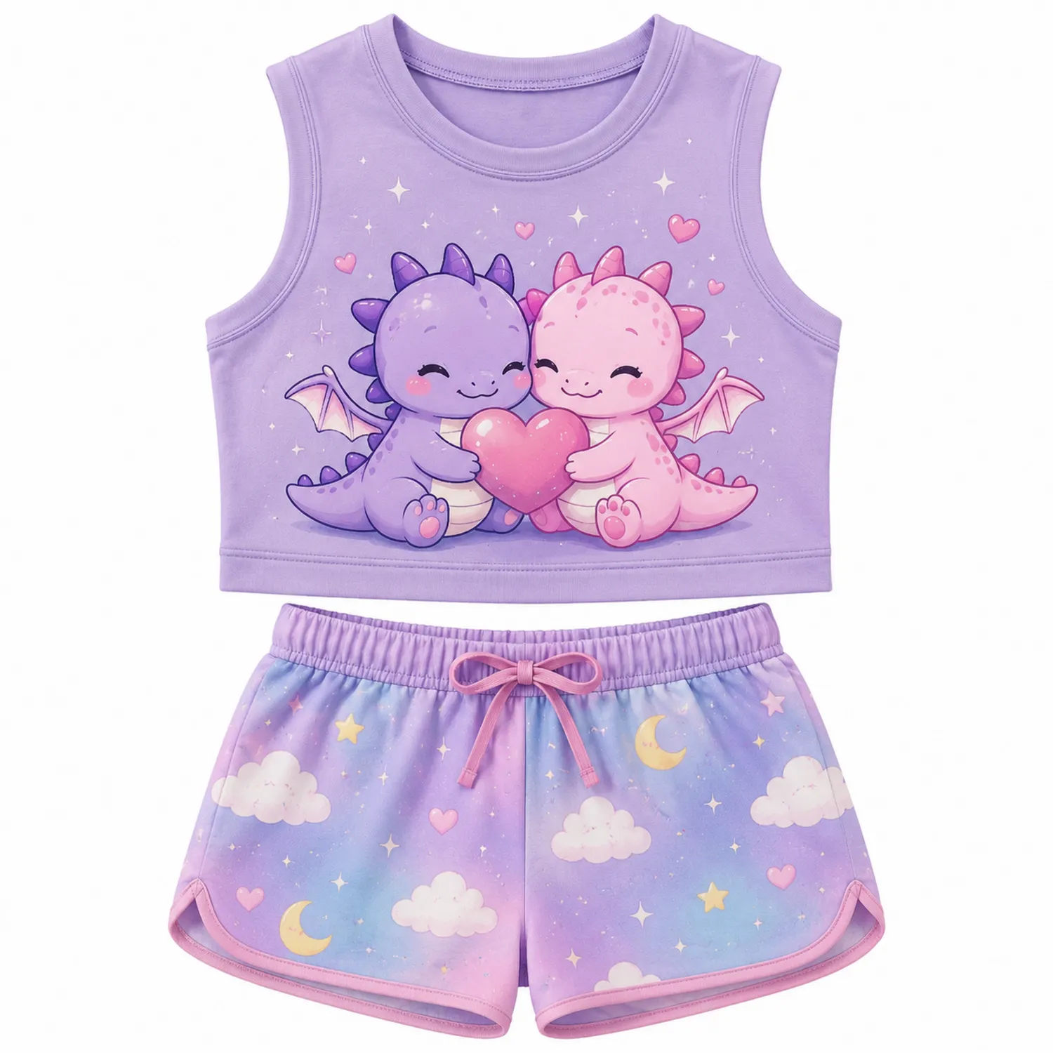 Mädchen Set mit Drachenmotiv ärmelloses Top und Shorts-Caslidor