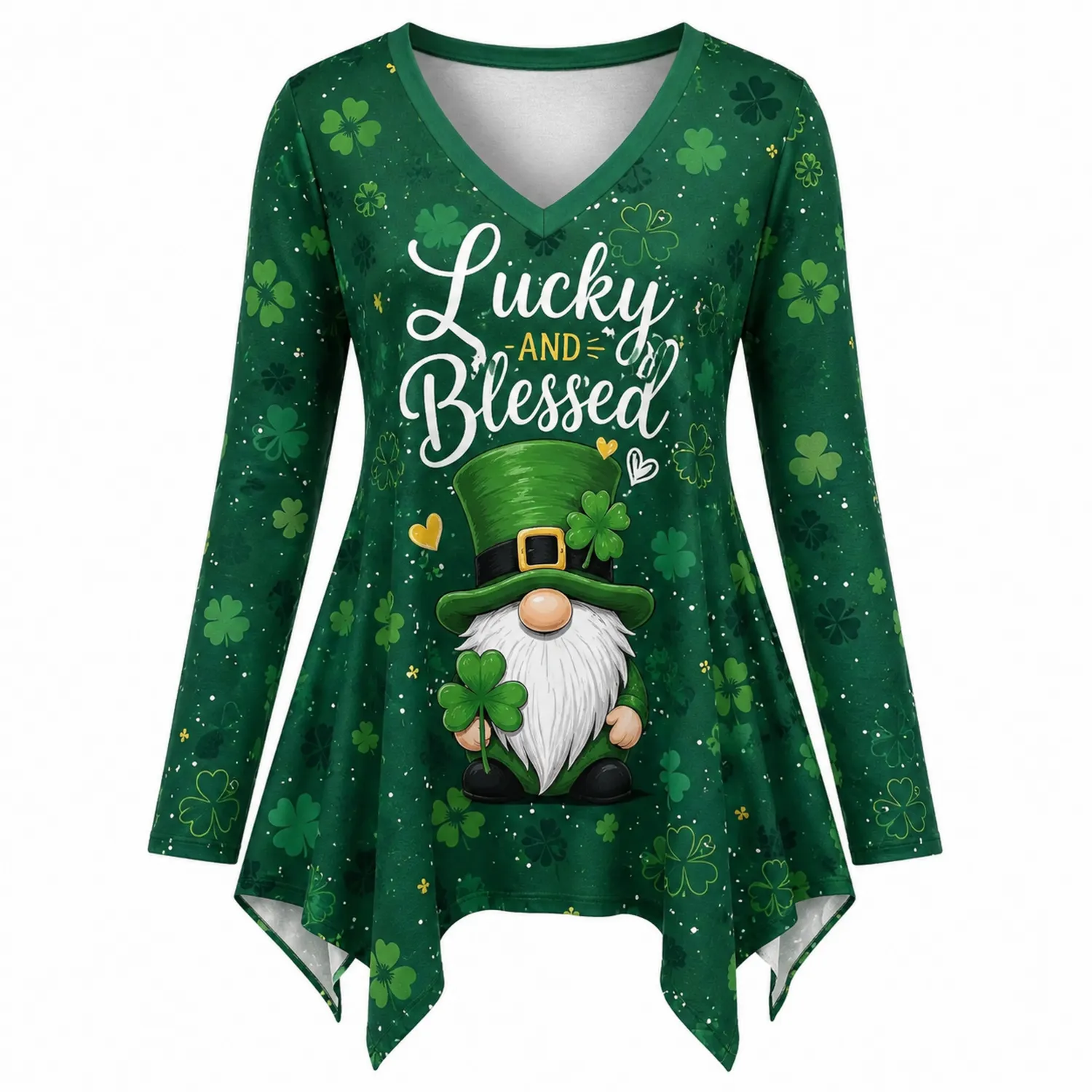 Damen Lange Ärmel Tunika Oberteil Kleeblatt Druck St. Patrick's Day-Caslidor