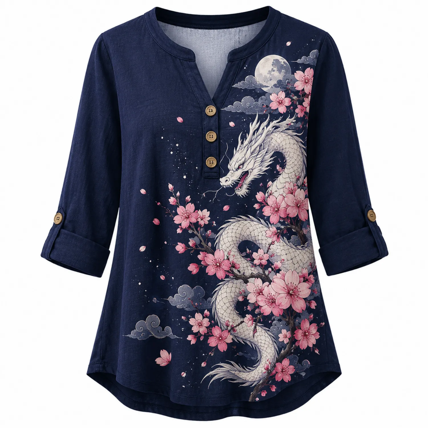 Drachen Kirschblüten Mond Damen Leinenbluse 3/4 Ärmel V-Ausschnitt-Caslidor