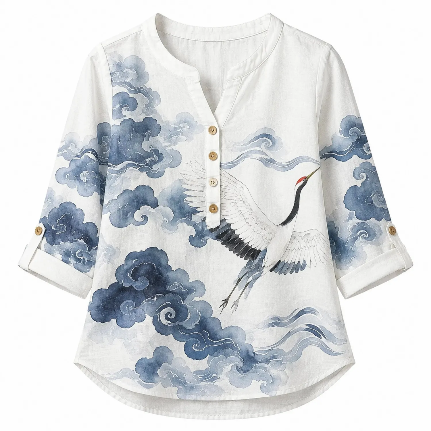 Kranich Wolken Damen Leinenbluse V-Ausschnitt 3/4 Ärmel-Caslidor