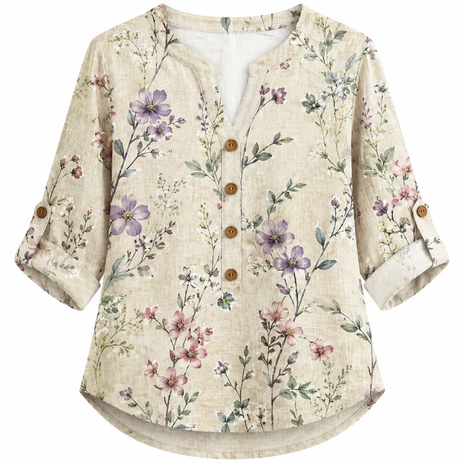 Damen Leinenbluse mit Kirschblütenmuster V-Ausschnitt 3/4-Ärmel-Caslidor