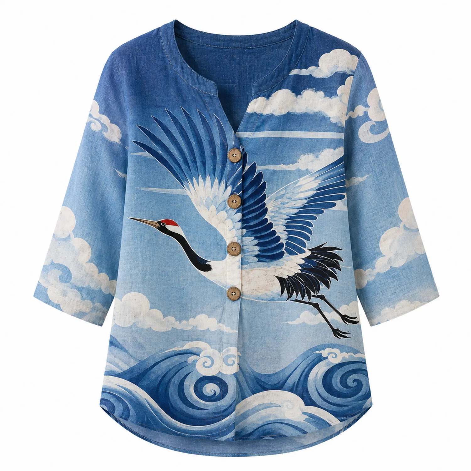 Kranich-Design Damen Leinenhemd 3/4 Ärmel V-Ausschnitt-Caslidor