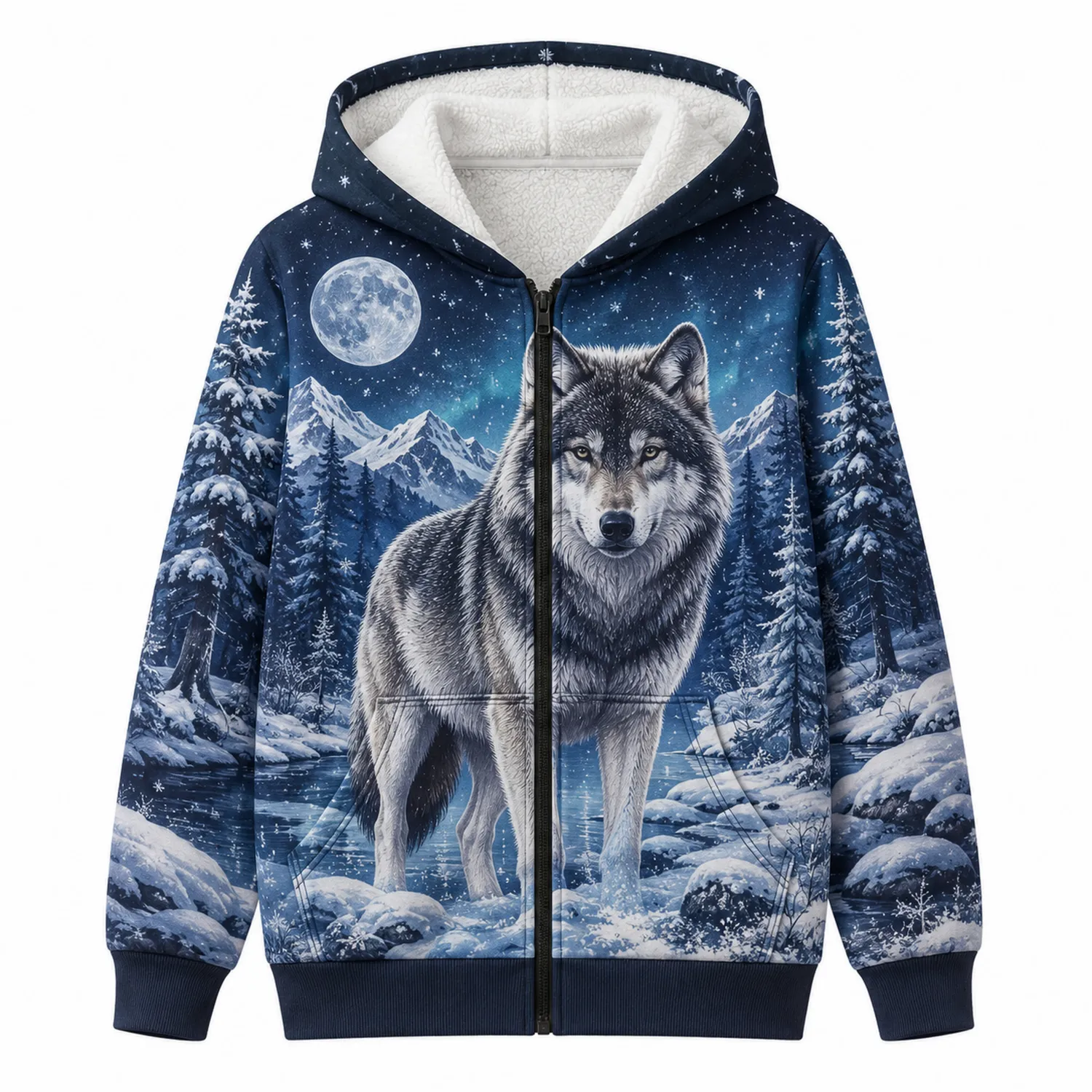 Kinder Kapuzenpullover mit Wolfsmotiv Reißverschluss Fleece-Caslidor