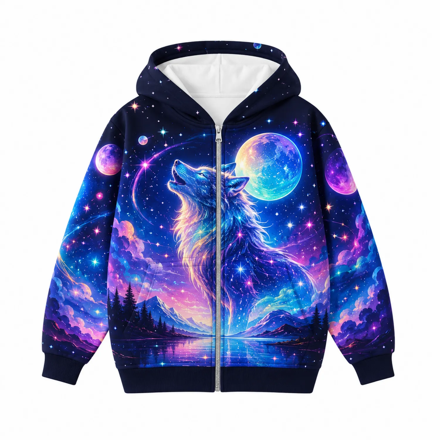 Jungen Kapuzenpullover Wolf Mond Galaxie Reißverschluss-Caslidor