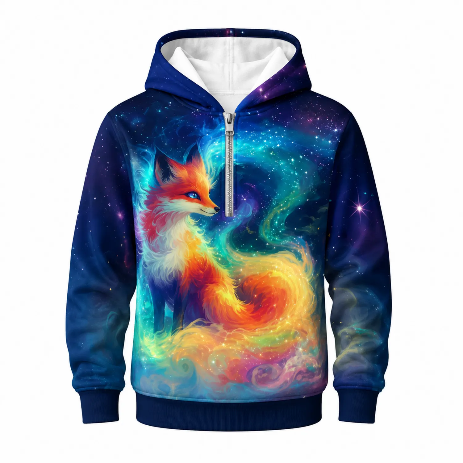 Mädchen Kapuzenpullover Fuchs Galaxie Print Halb Reißverschluss-Caslidor