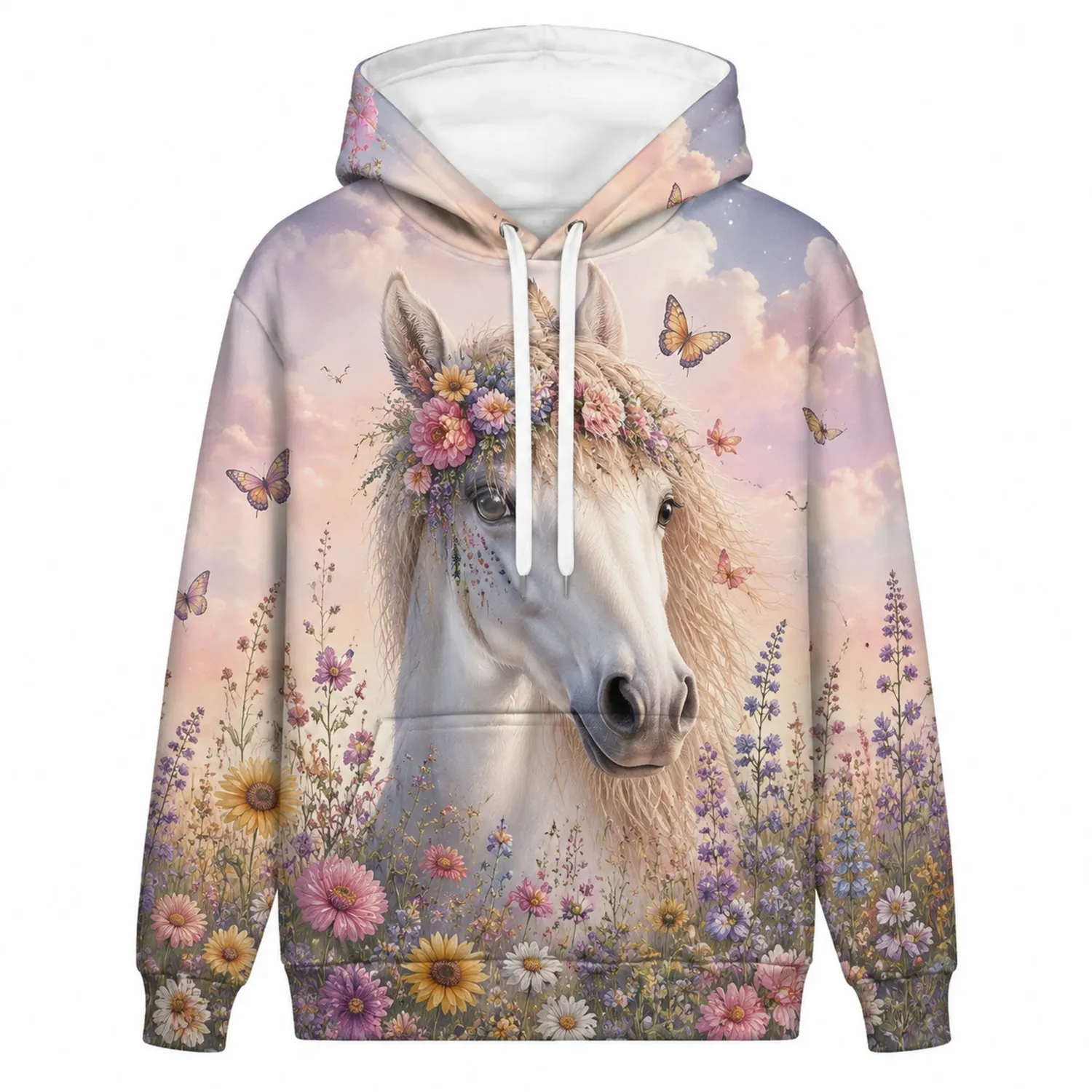 Tiermotiv Hoodie mit Pferd und Blumen für Damen-Raumkulturform