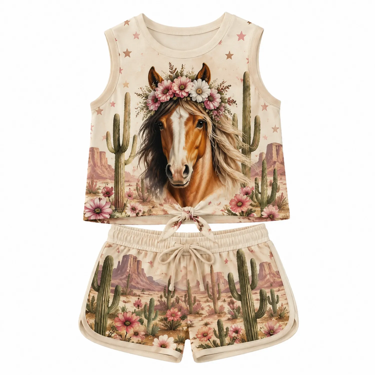 Mädchen Sommer Set Pferde Cactus Design ärmelloses Top und Shorts-Raumkulturform