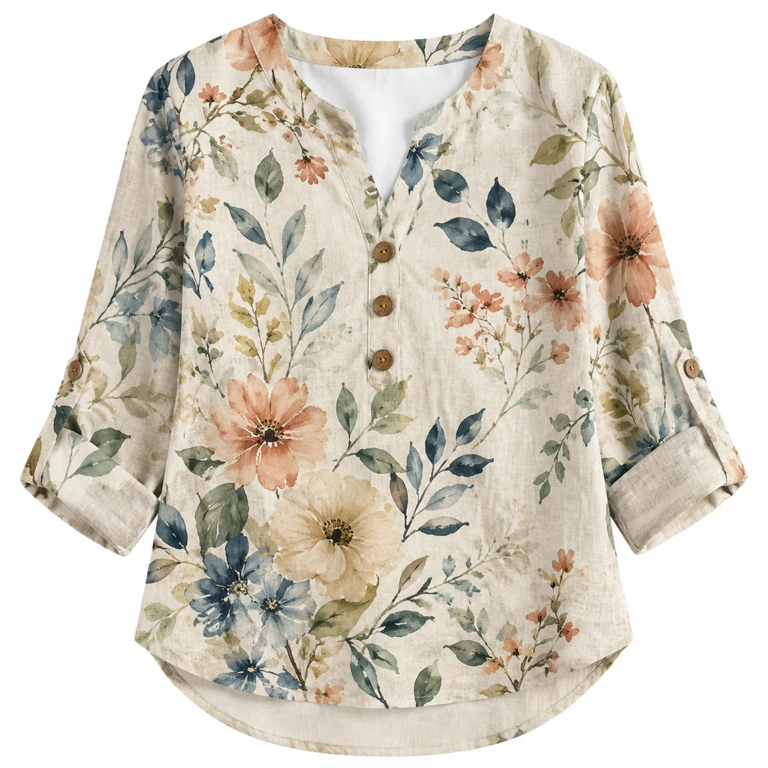 Damen Leinenbluse Blumenmuster V-Ausschnitt 3/4 Ärmel-Raumkulturform