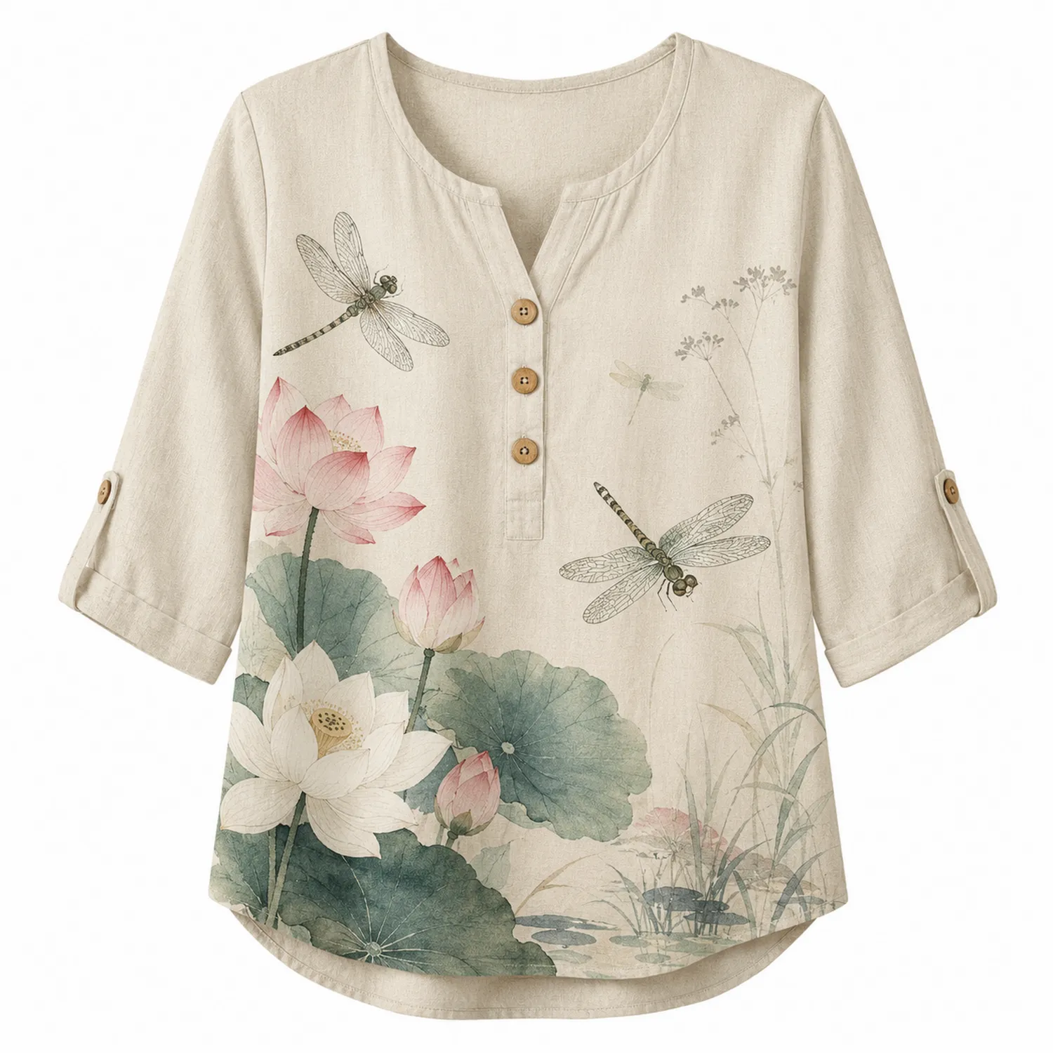 Damen Leinenbluse Libelle Lotus 3/4 Ärmel V-Ausschnitt-Raumkulturform