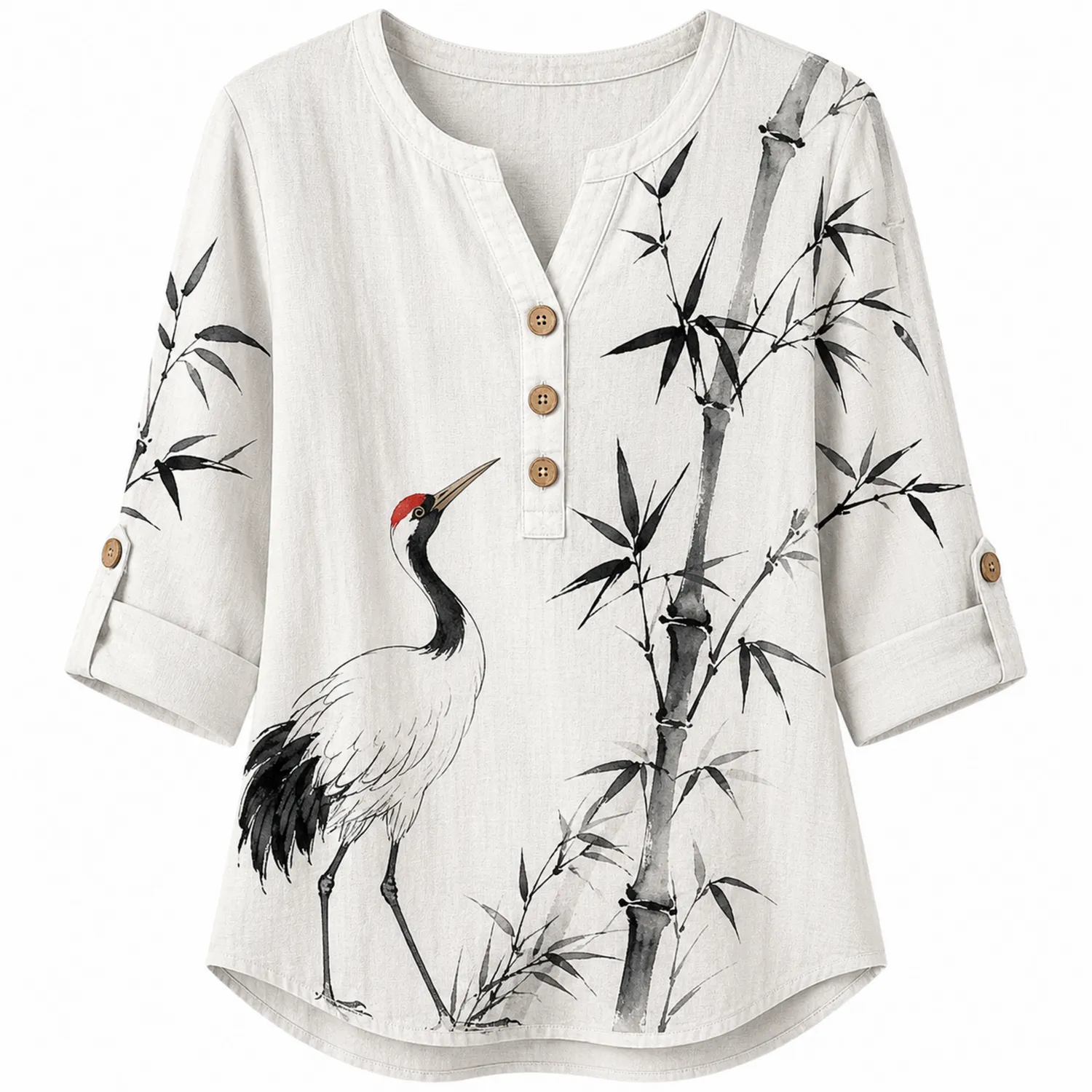 Damen Leinenbluse mit Kranich- und Bambusmuster, V-Ausschnitt, 3/4 Ärmel-Raumkulturform