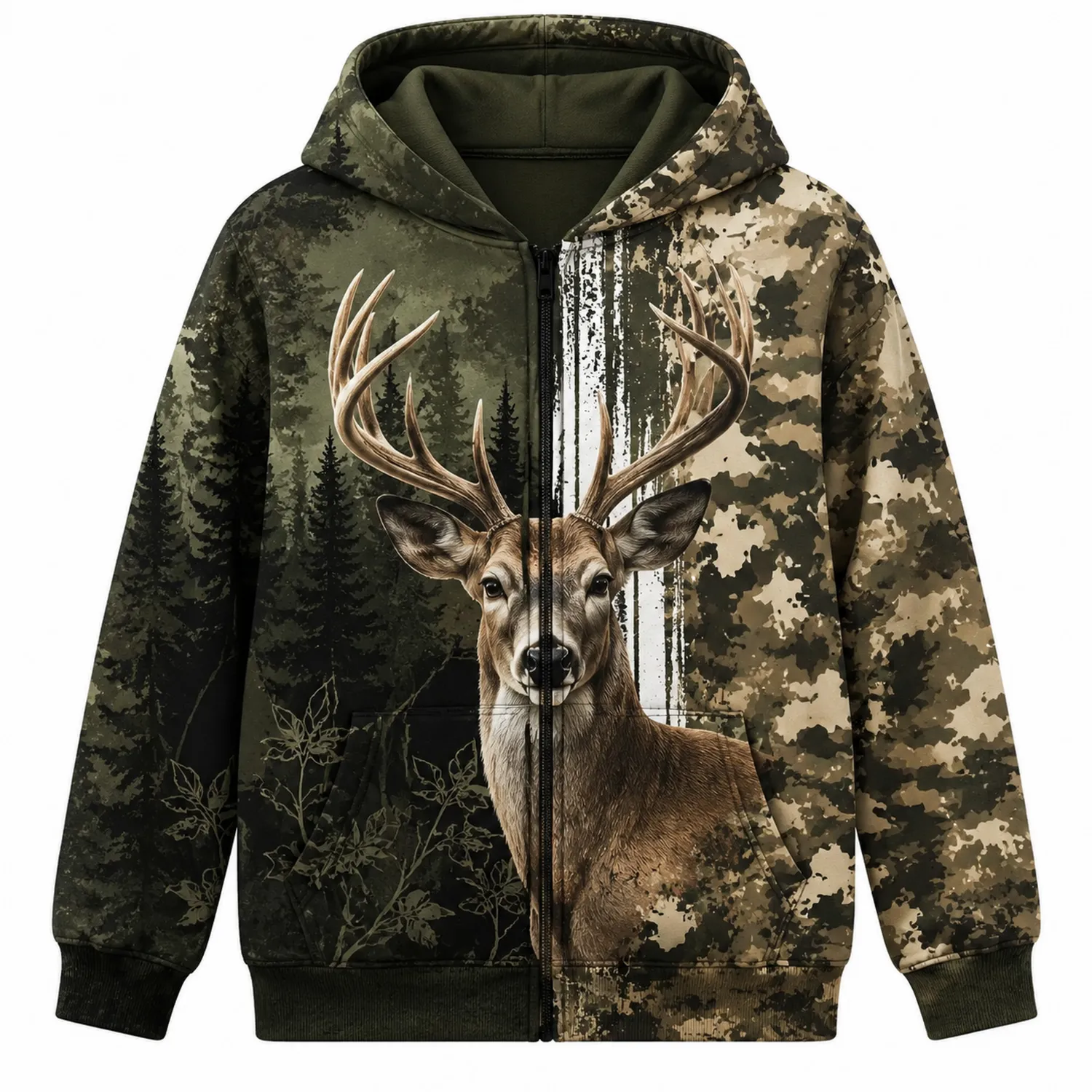 Kapuzensweatshirt mit Hirsch- und Tarnmuster für Mädchen, Polyester-Raumkulturform