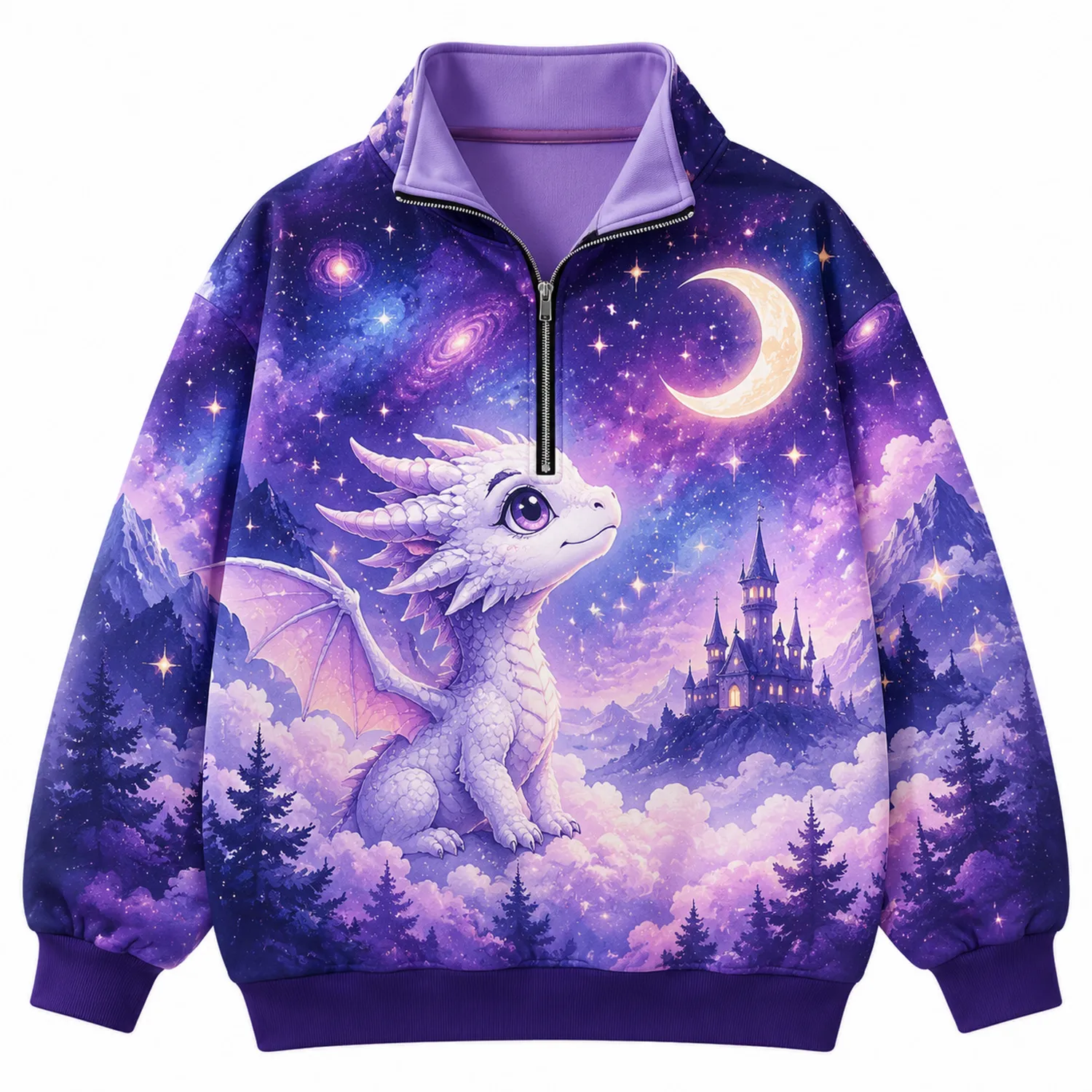 Mädchen Sweatshirt mit Drachenmotiv und 1/4 Reißverschluss, Lila-Raumkulturform