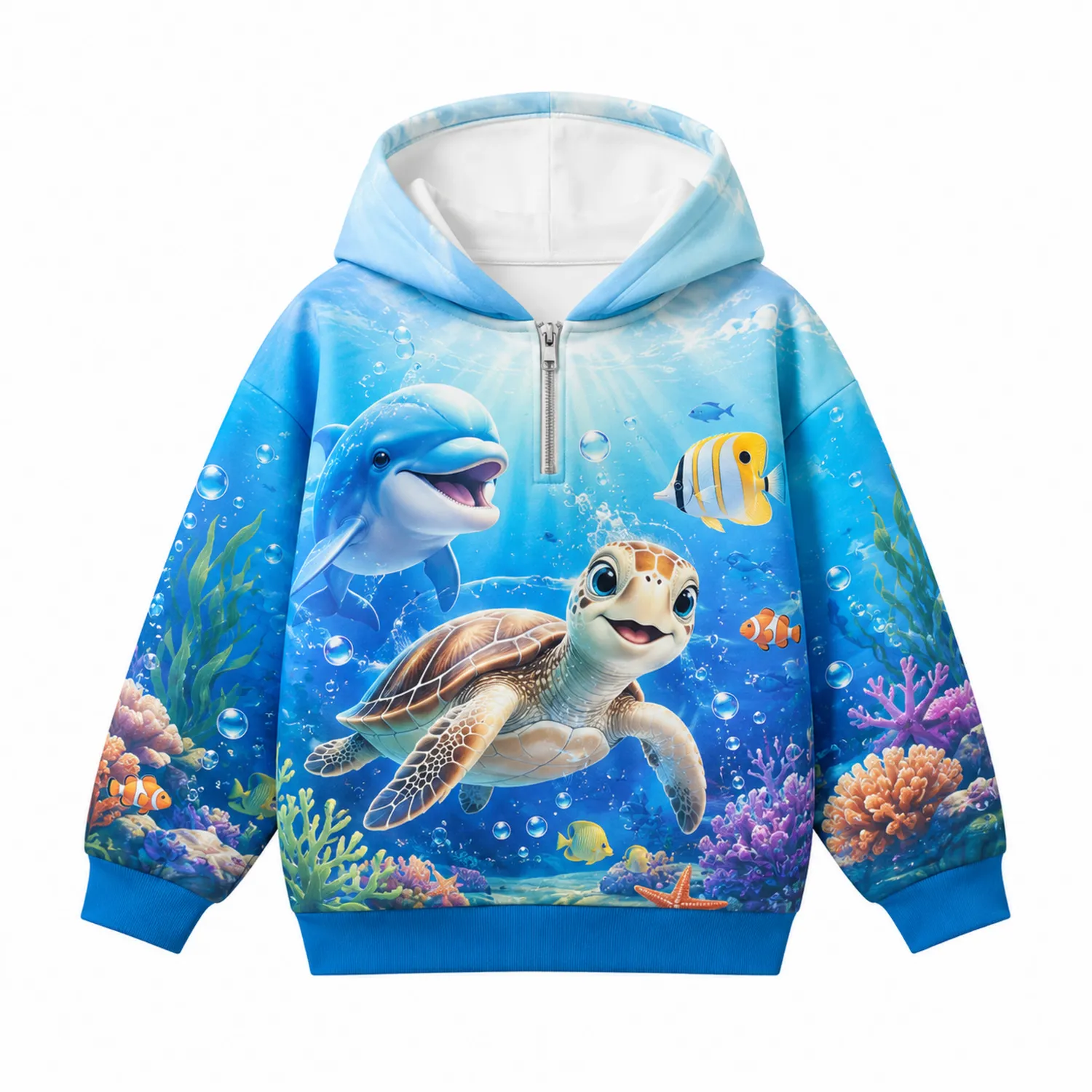 Mädchen Hoodie mit Delfin und Meeresschildkröte, Fleece, Reißverschluss-Raumkulturform
