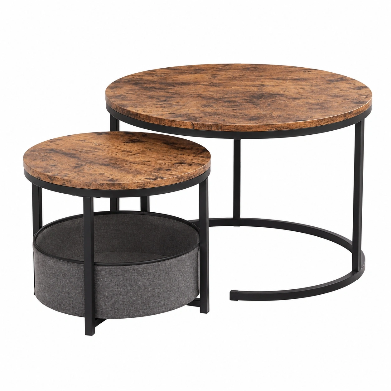 Runder Couchtisch 2er Set, Industrial Design mit Holz und Metall, Vintage Beistelltische, Braun mit f-Aufbewahrung