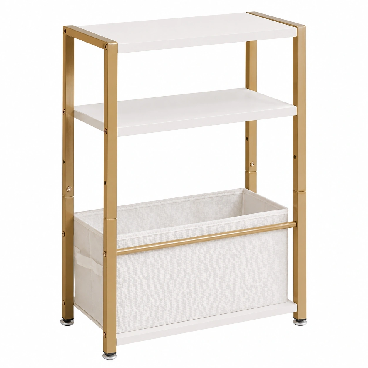 Moderner Beistelltisch mit fkorb, 3 Ebenen, Platzsparend fur Kleine Raume, Goldener Metallrahmen, Weiss