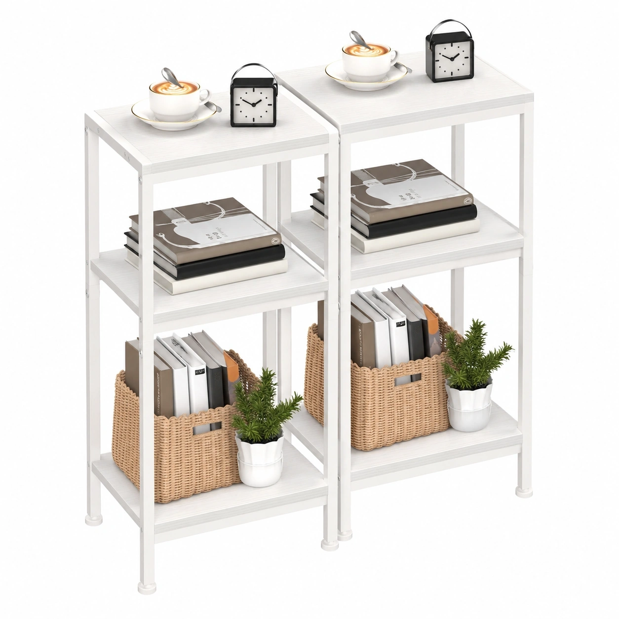 Beistelltisch 2er-Set mit 3 Ebenen, Schmaler Nhttisch mit Stauraum, Ideal fur Wohnzimmer, Schlafzimmer, Kuche  Bon, Farbe: Weiss