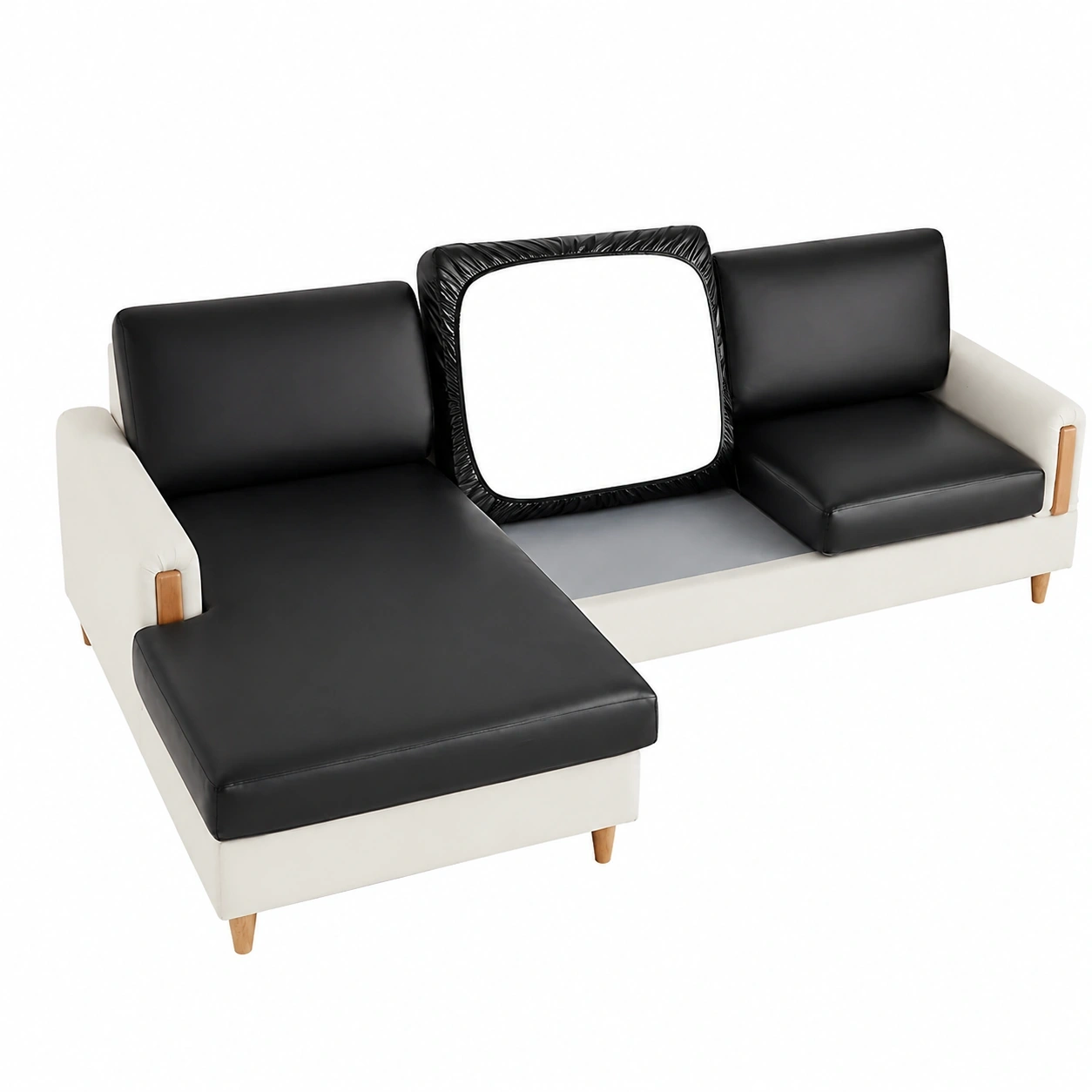 JOKIVTOU Wasserfeste Ecksofahusse aus PU-Leder, Stretchbezug fur L-formige Sofas und Chaiselongues, Schwarz, Gross