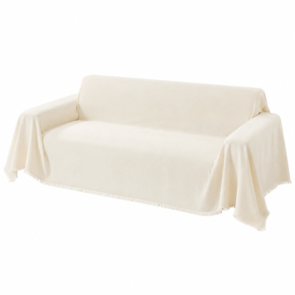 Beiger Chenille Sofabezug fur Ecksofa, Dekorative Quasten, 3-Sitzer, 180x340cm-PrestigeFurnish