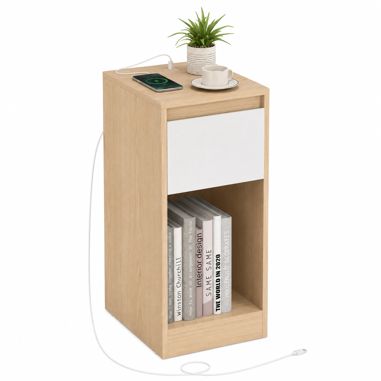 Beistelltisch mit LED, USB-Anschlussen und Schublade, mandelgelb-wolkenweiss-Mobelora