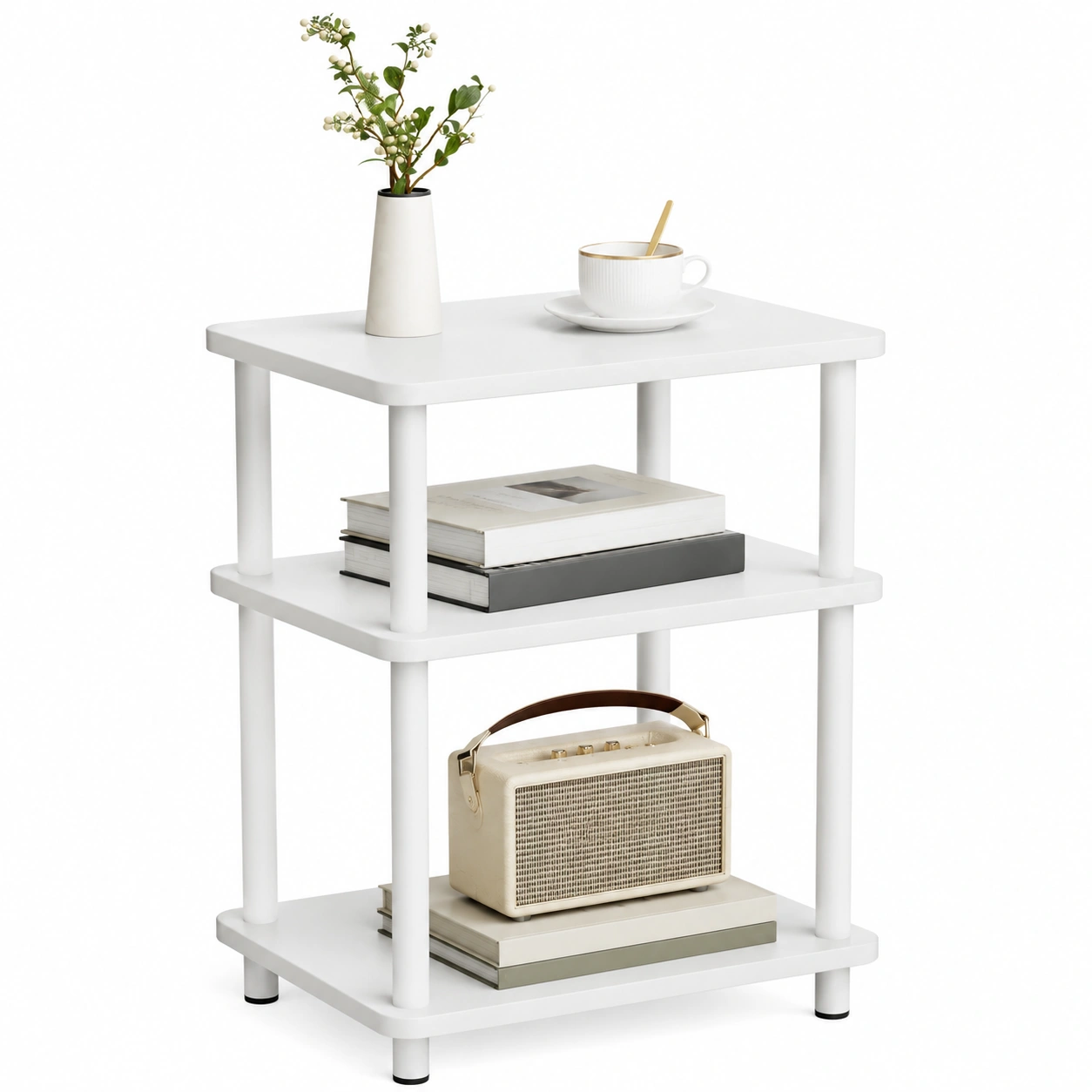 Schmaler 3-Ebenen-Nhttisch aus Holz, 40x30x61,5cm, Kompakter Beistelltisch fur Wohnzimmer, Schlafzimmer, Bon, Arbeitszimmer, Weiss-Mobelora
