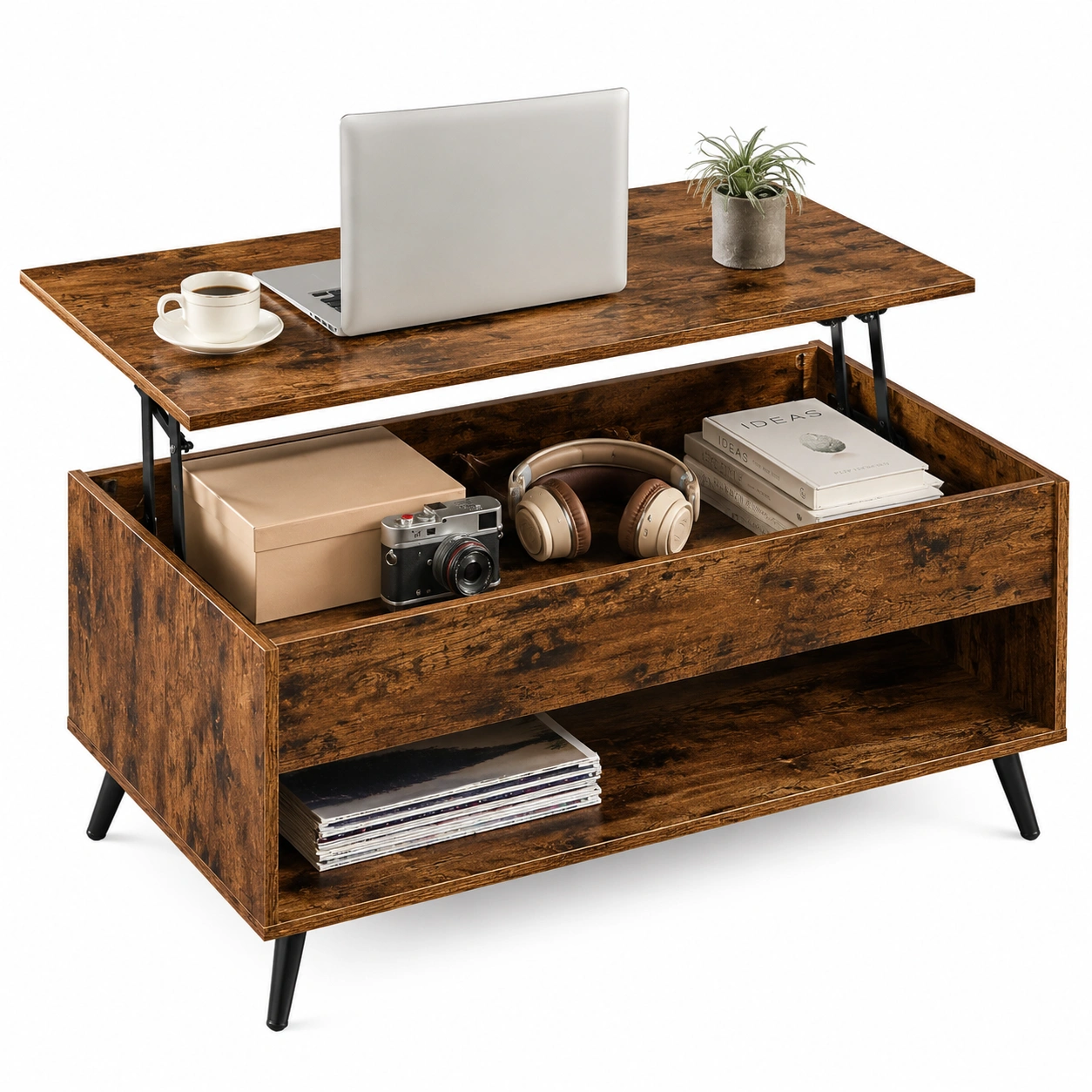 Hohenverstellbarer Couchtisch mit Stauraum, vintagebraun-Mattschwarz-Mobelora