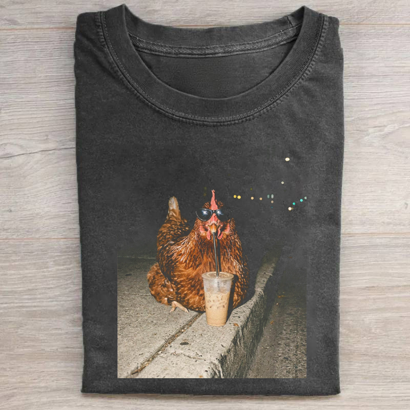 Funny Chicken Drinking Iced Coffee T-shirt