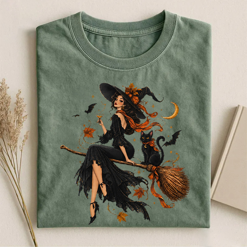 Halloween Black Cat Witch T-shirt