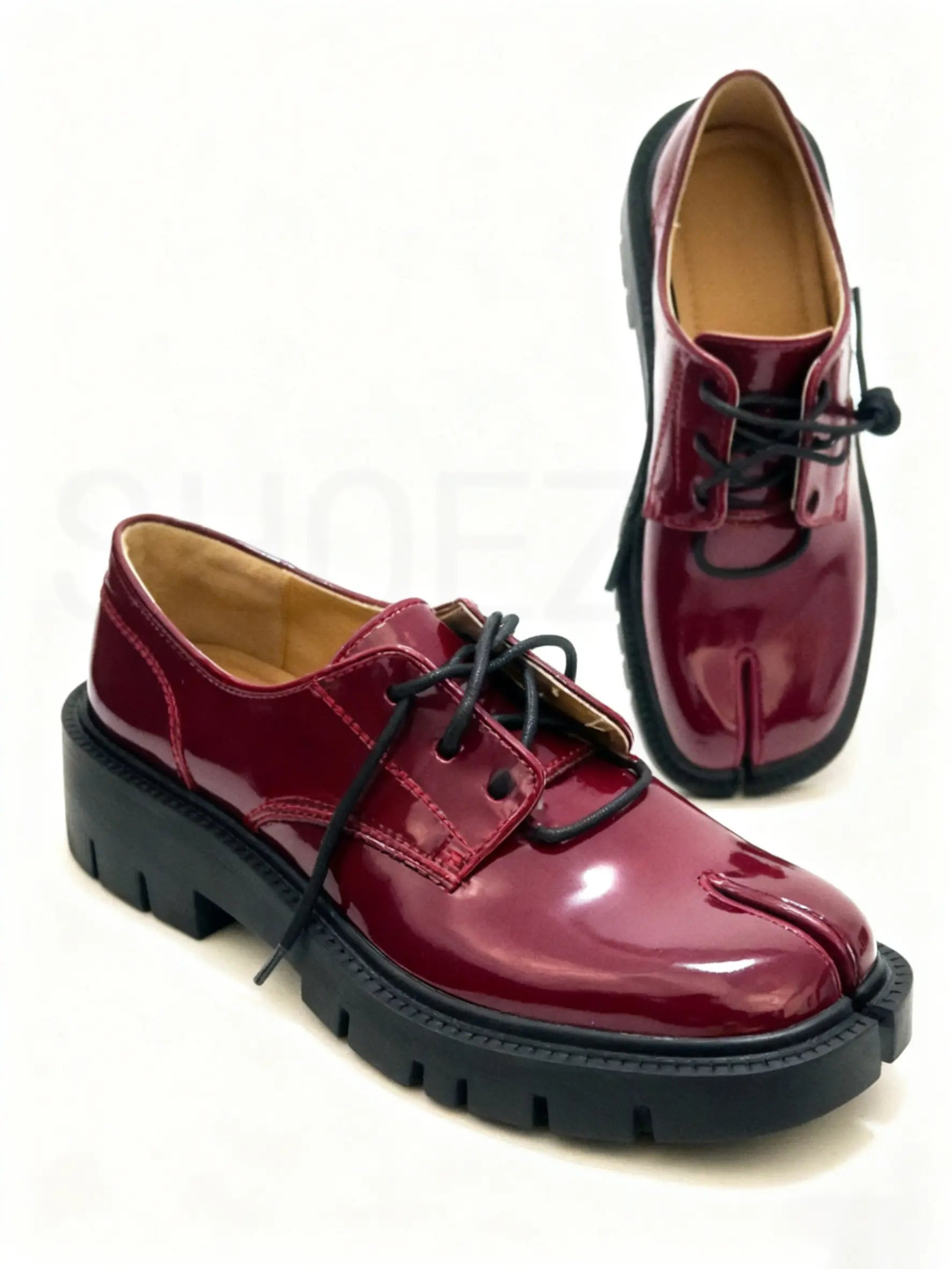 Lace-Up Split-Toe Tabi Loafers with Chunky Block Heel