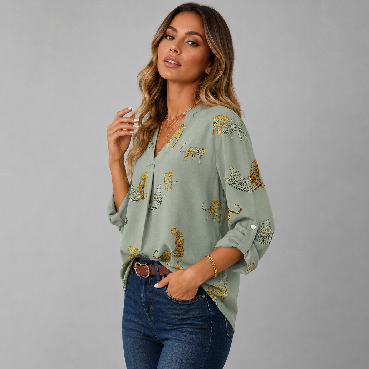 V-Neck Animal Print Blouse