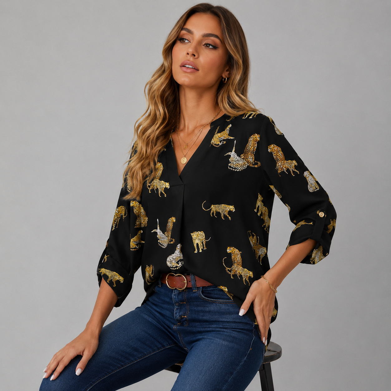 V-Neck Animal Print Blouse
