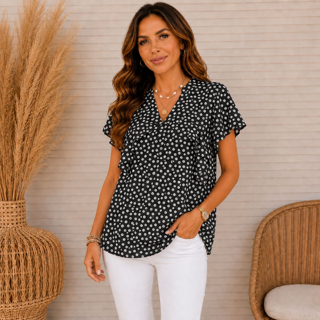 Black Daisy Ruffle Blouse