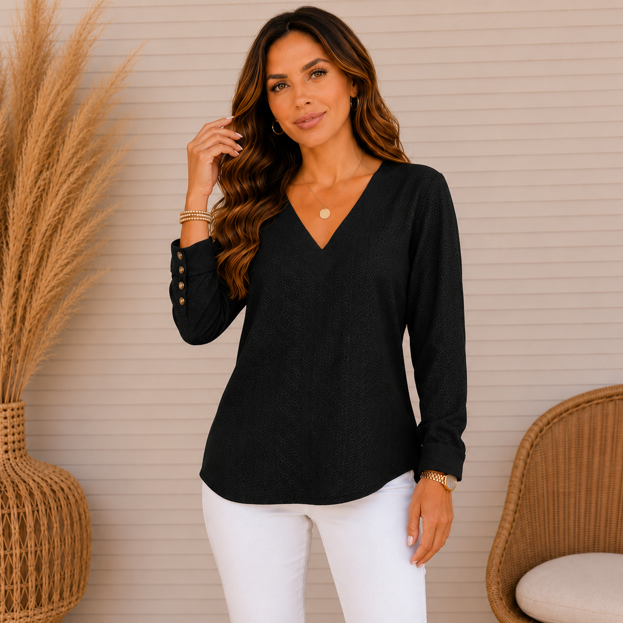 Women's V-Neck Textured Long Sleeve Blouse