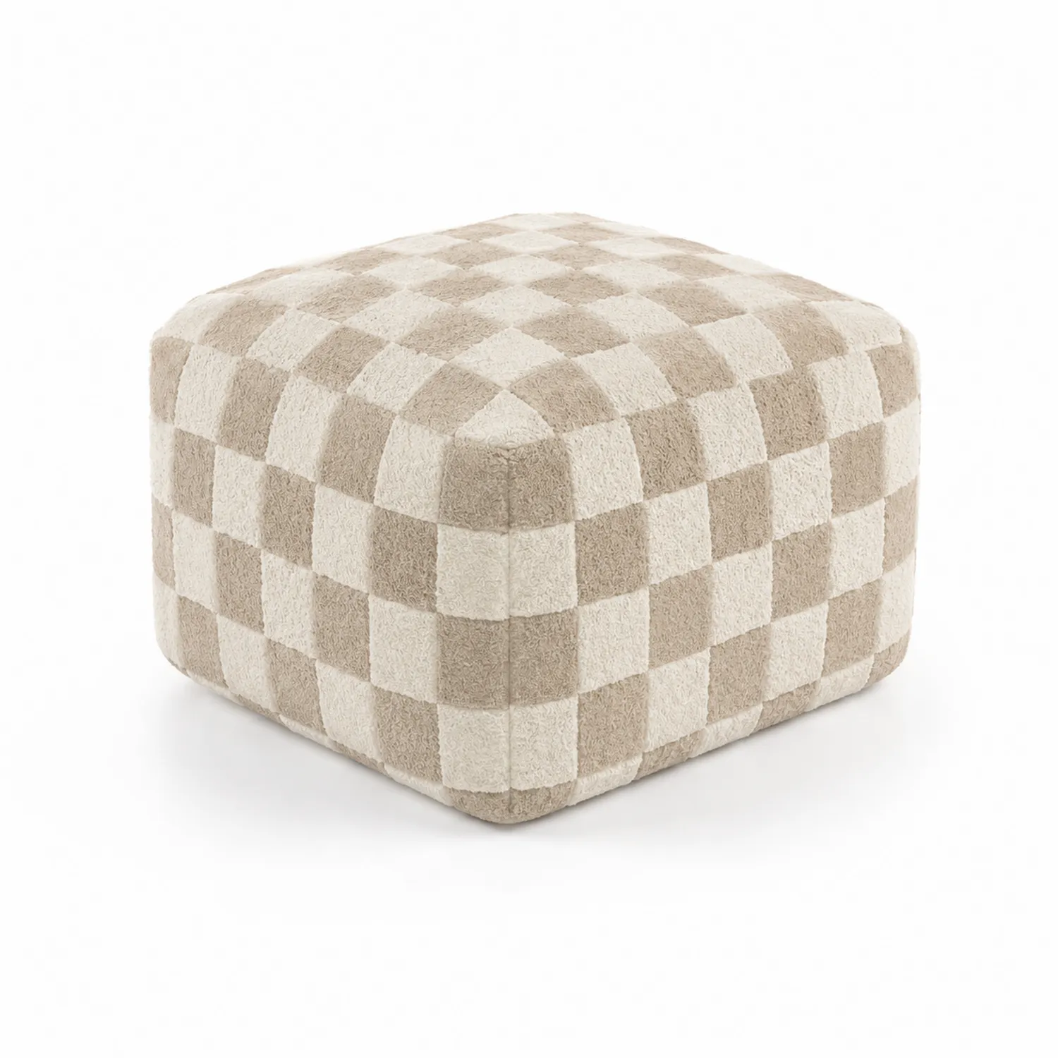 Pouf carré en tissu à damier beige et blanc 40x40x30 cm