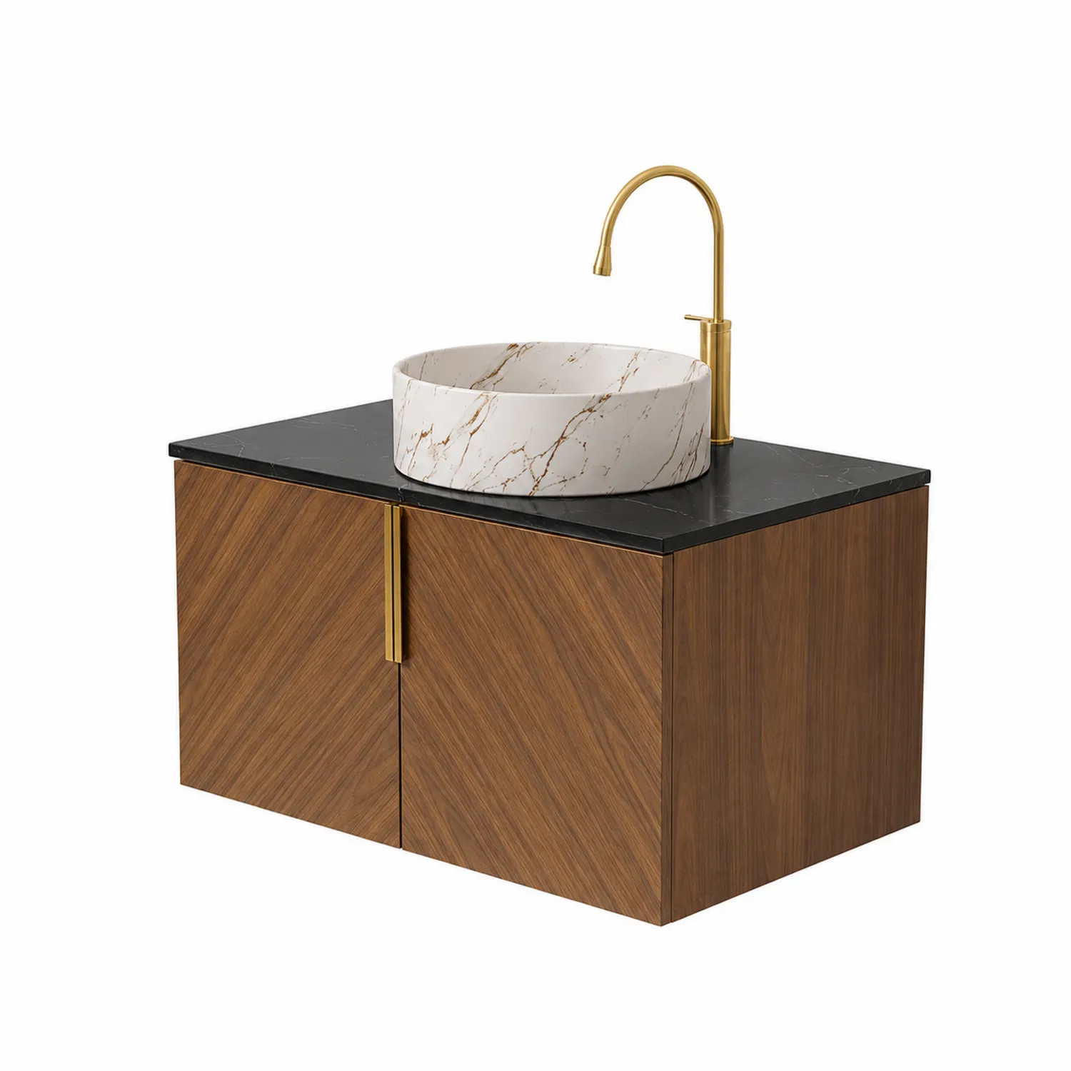 Meuble en bois avec vasque en marbre et robinet doré 80cm