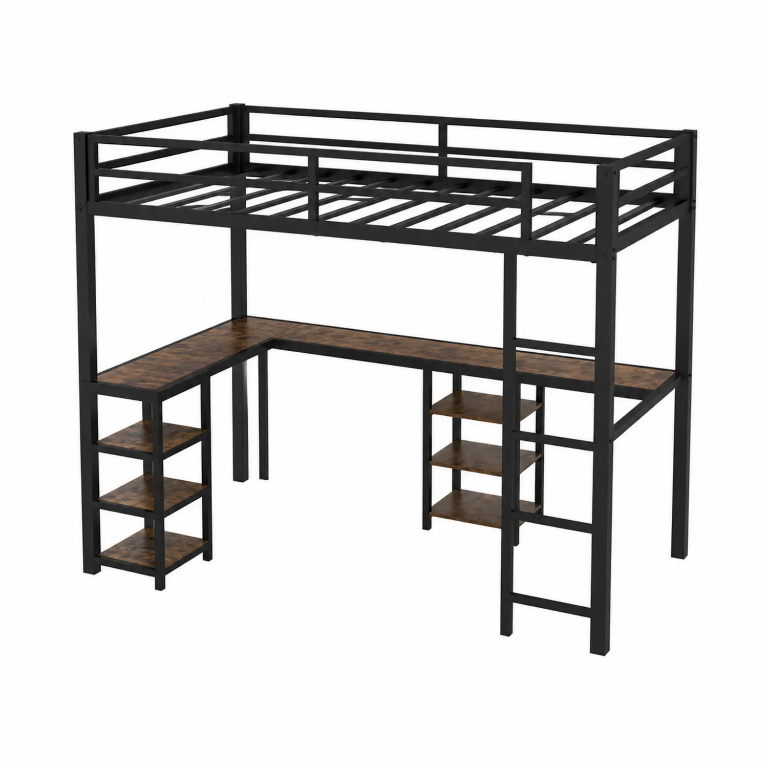 Lit mezzanine en métal noir avec bureau et étagères intégrés