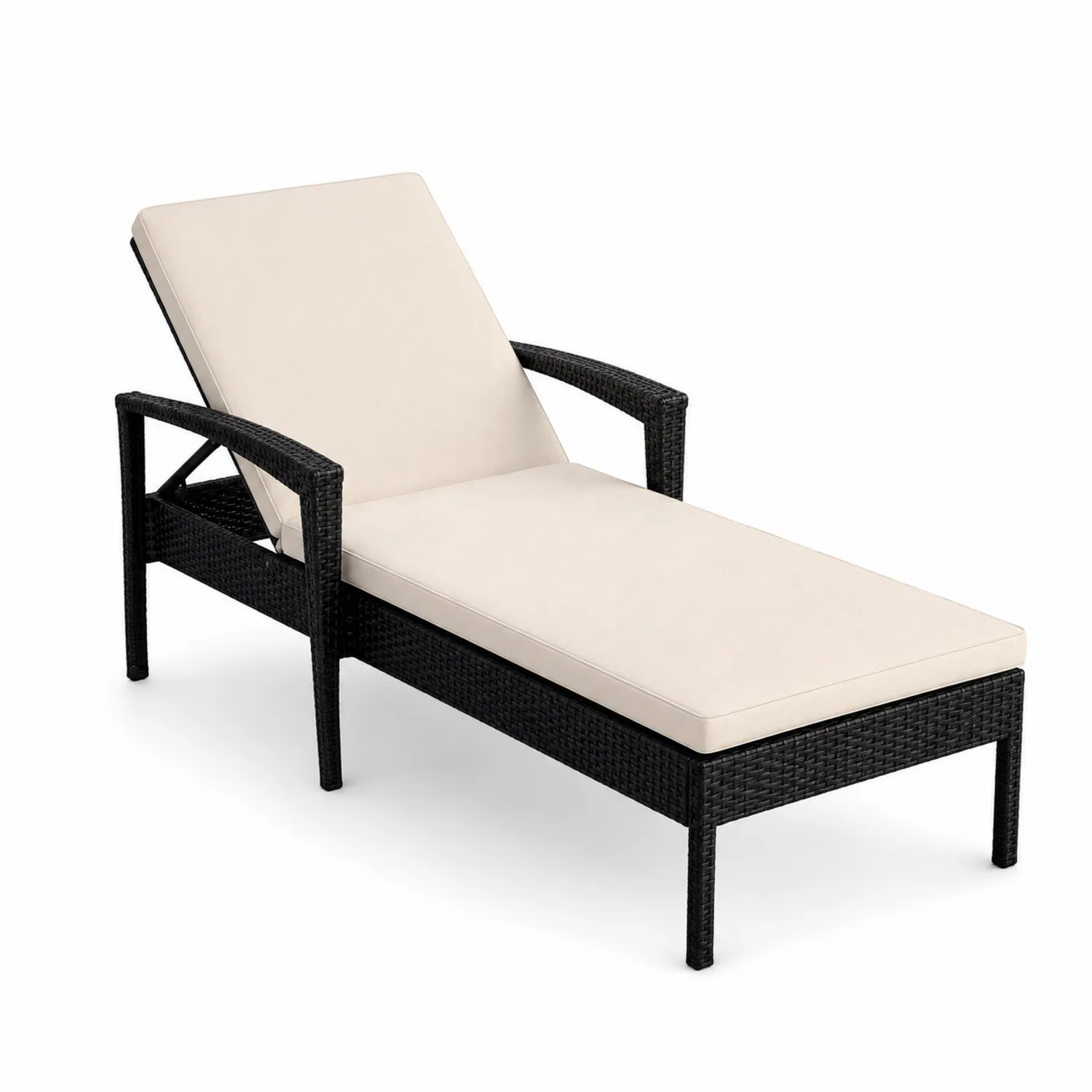 Chaise Longue Extérieur Noir en Résine Tressée avec Coussins Beige en Polyester