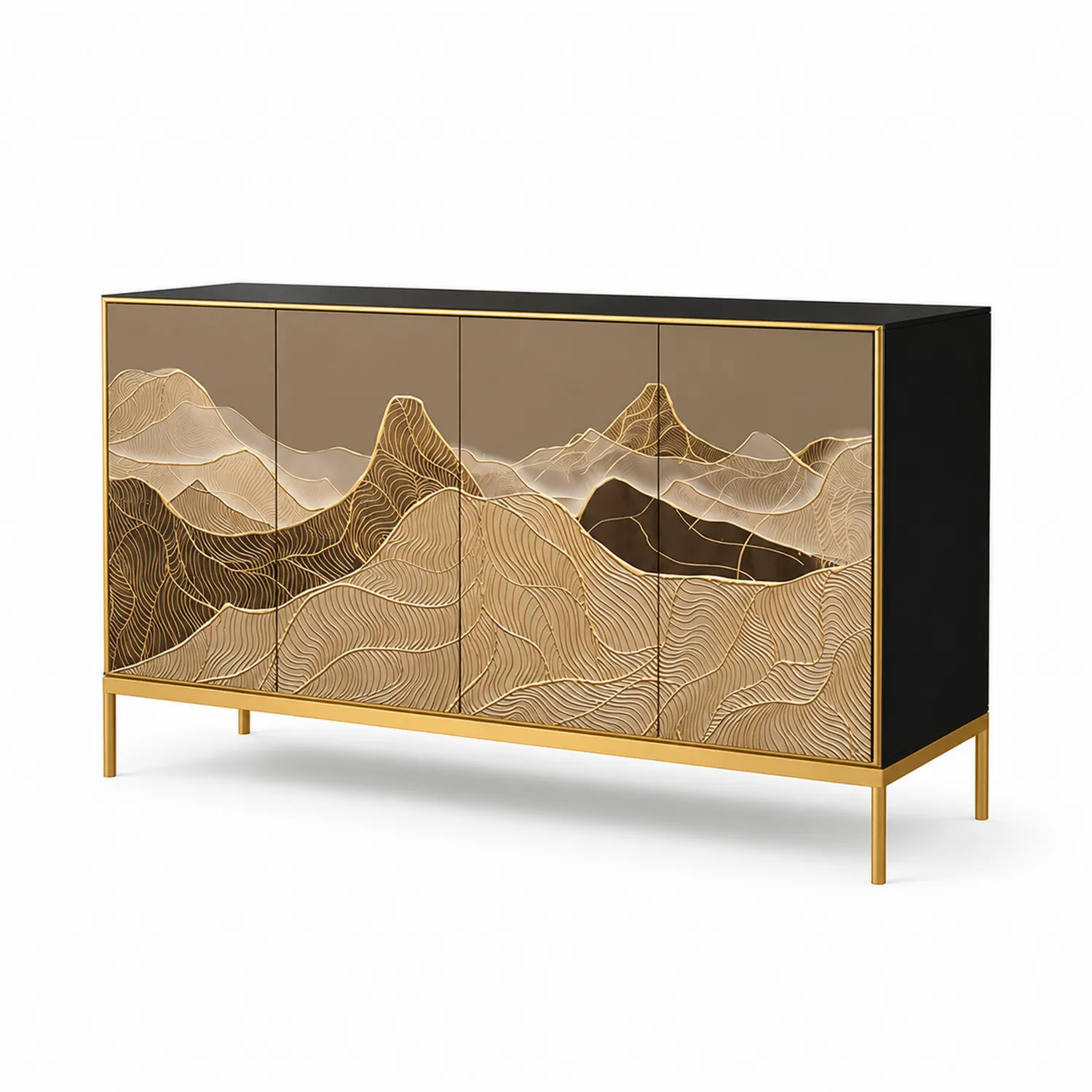 Buffet en bois et métal avec motif de montagne doré
