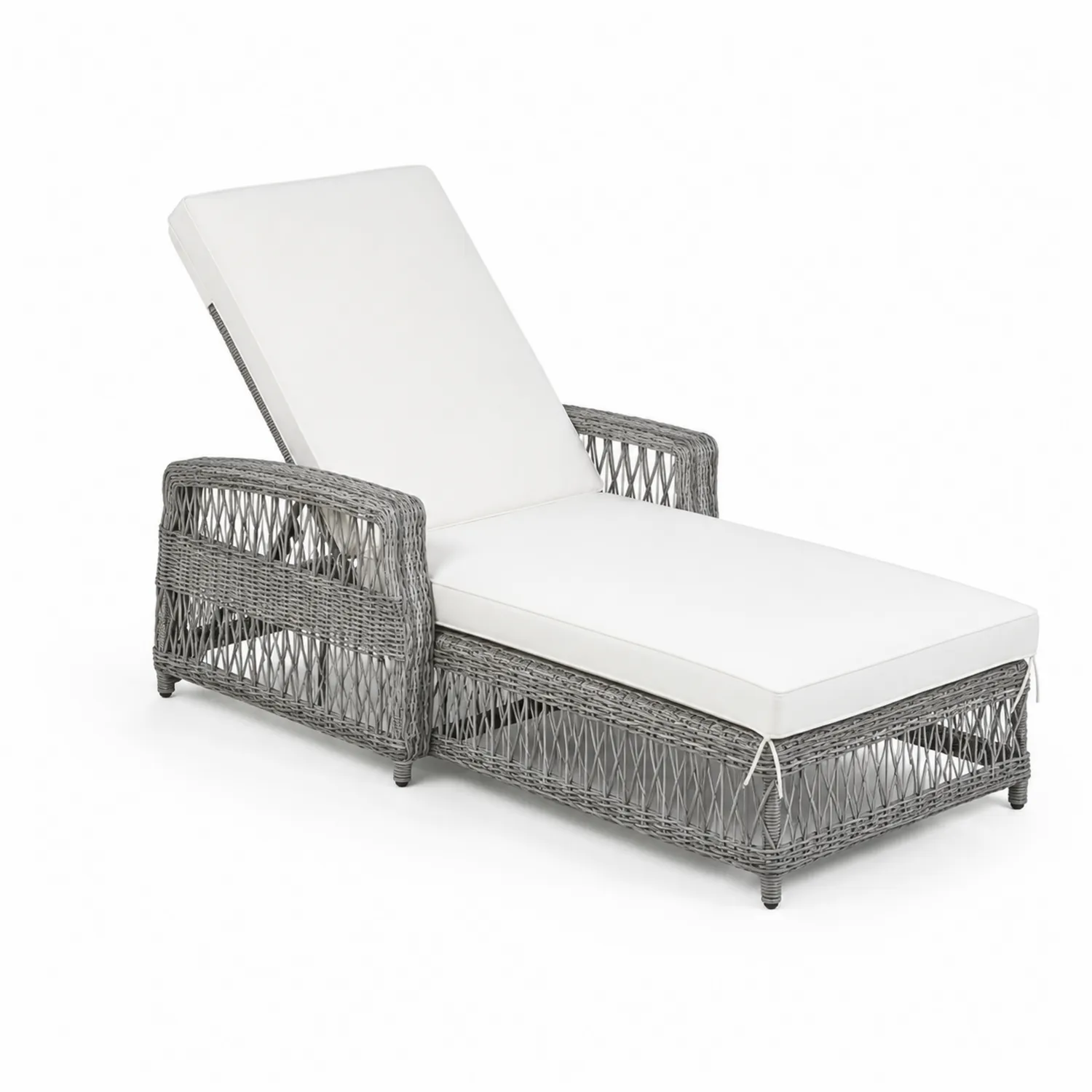 Chaise longue en résine tressée avec coussin en tissu blanc