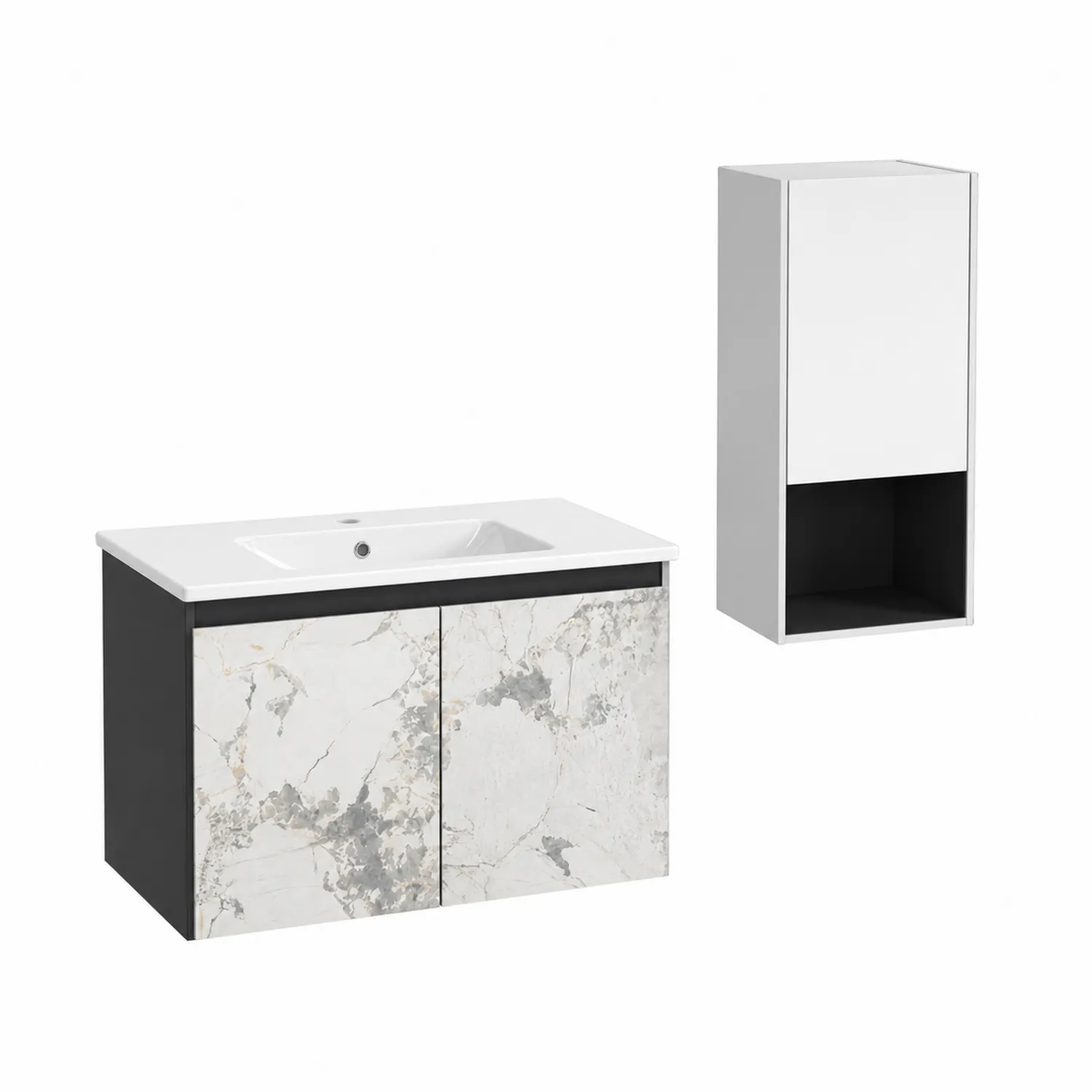 Meuble de salle de bain en MDF avec lavabo en céramique 80 cm Blanc et Gris marbré