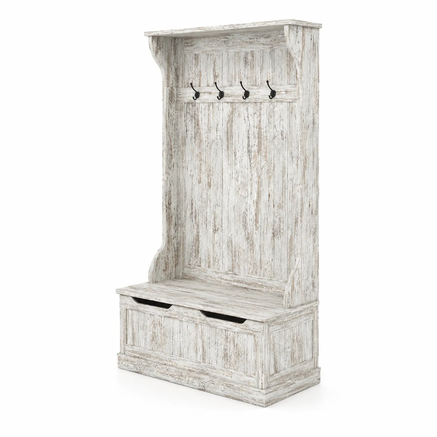 Porte-manteau mural en bois avec 4 crochets et banc de rangement
