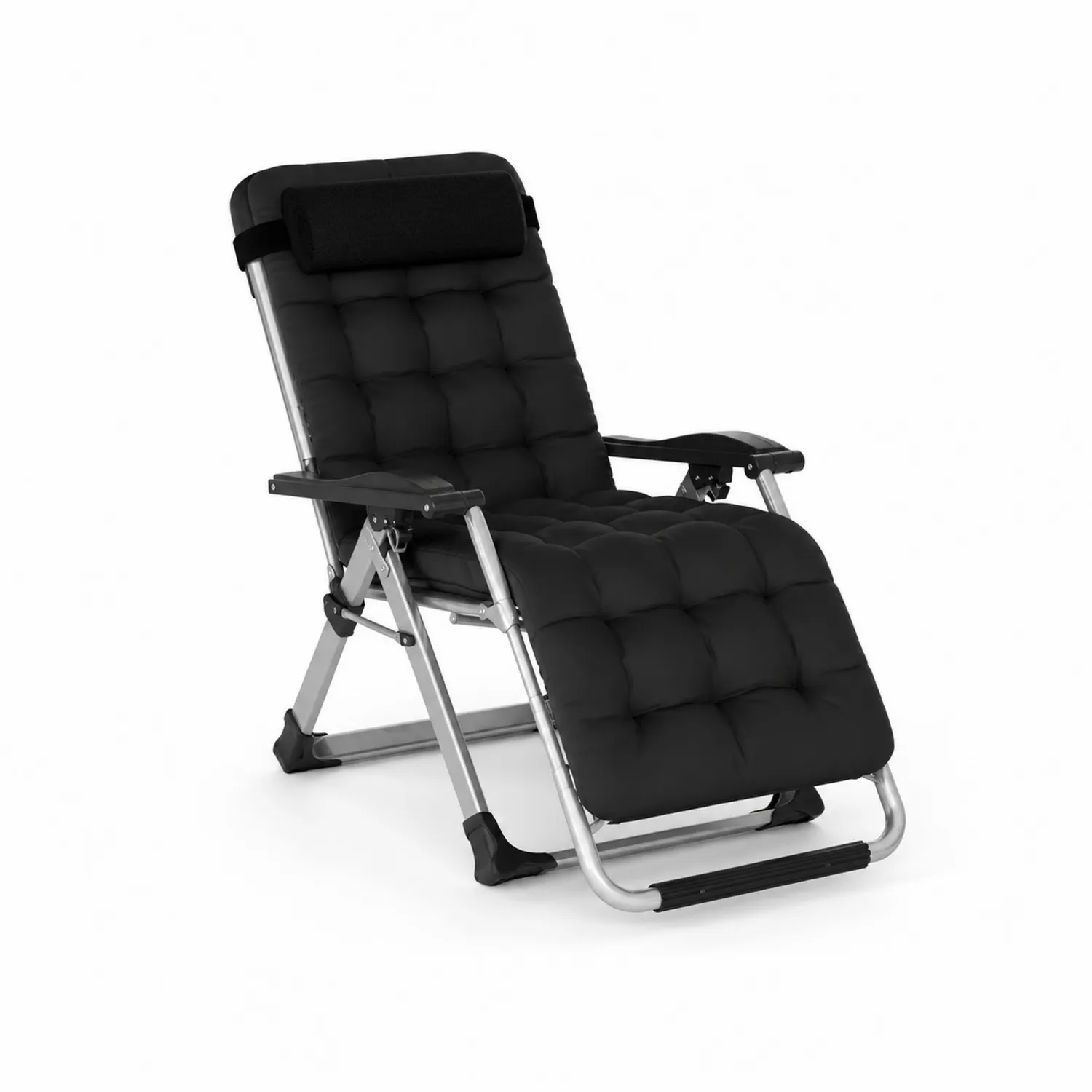Chaise longue pliante en acier avec coussin noir