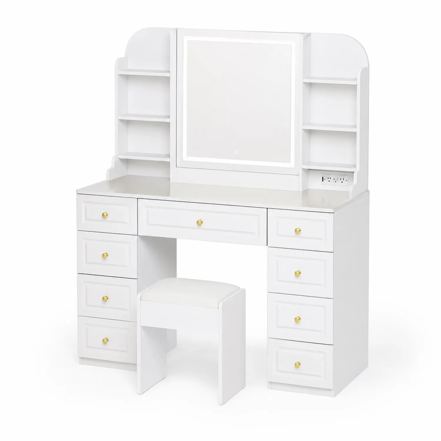 Coiffeuse en Bois avec Miroir LED et Tabouret Blanc