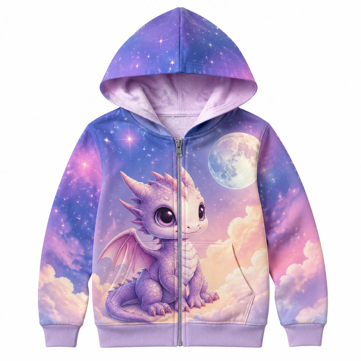 Kinder Kapuzenpullover mit Drachen- und Mondmotiv, Reißverschluss, Langarm